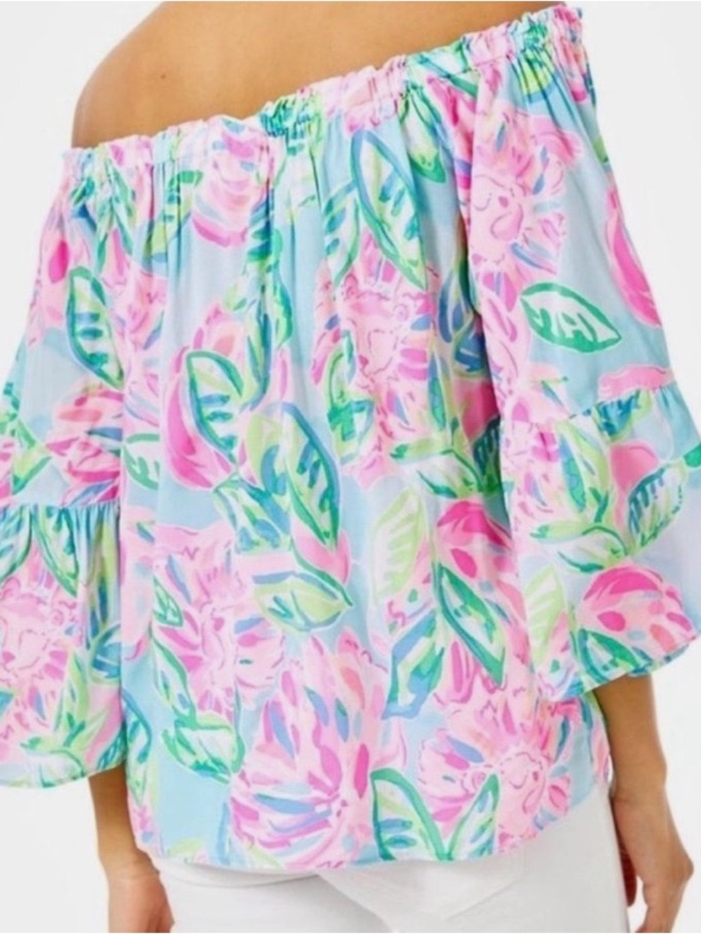 Like New Lilly Pulitzer Off-Shoulder Top With Flowing Bell Sleeves - Picture 3 of 6